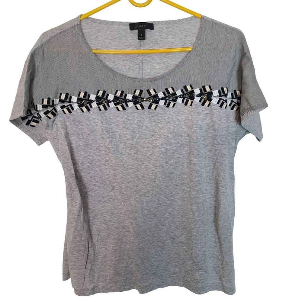 J. Crew Womens Embroidered Beaded T-Shirt Size S Colorblock Preppy Casual Gray